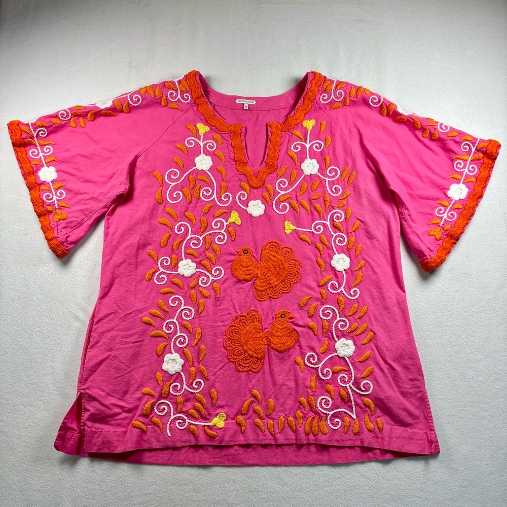 Frances Valentine Pink Orange Peacock Tunic Dress Embroidered Pockets 18